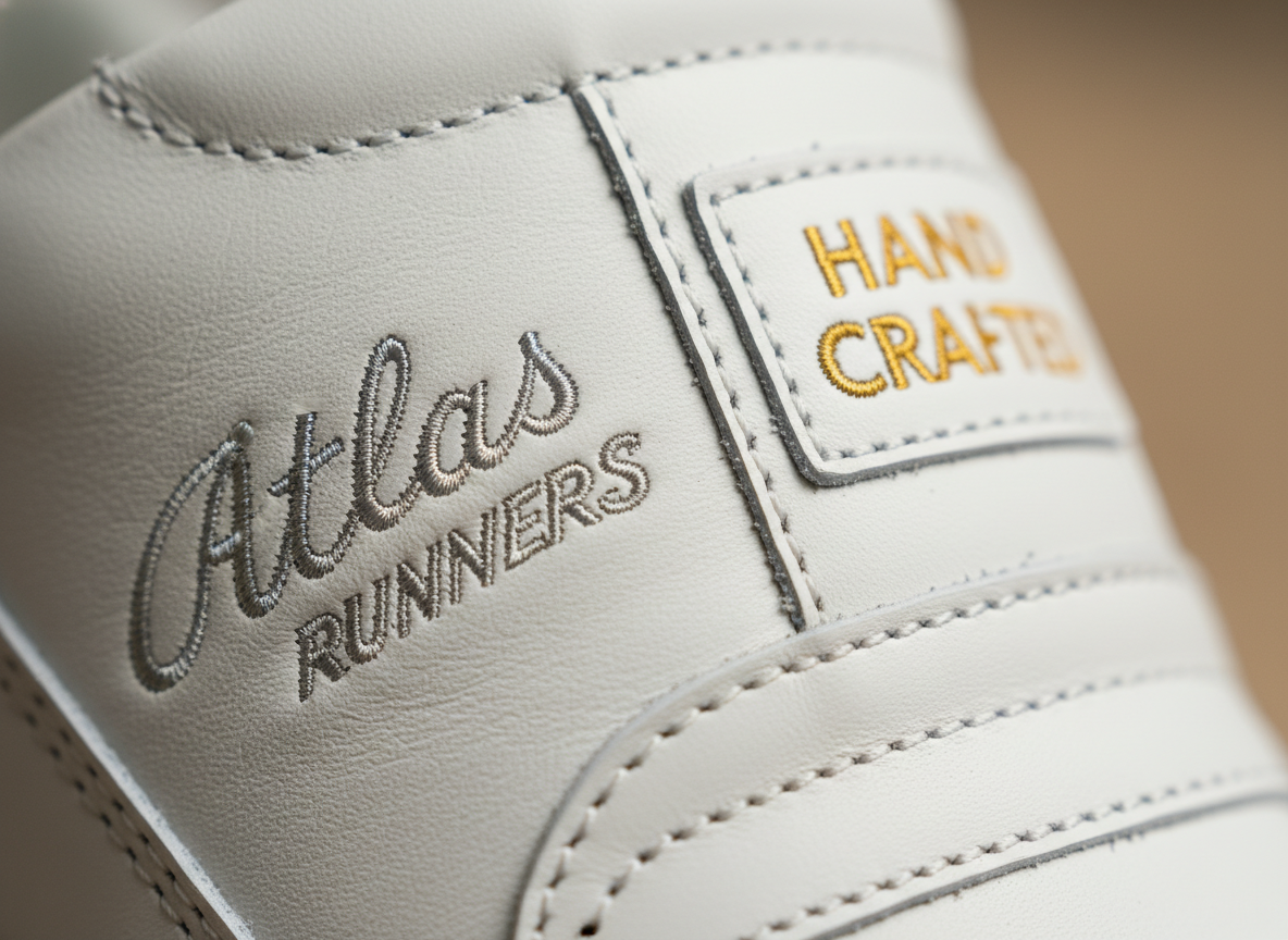 Gros plan sur la languette d'une sneaker blanche en cuir montrant la broderie et la qualité de couture