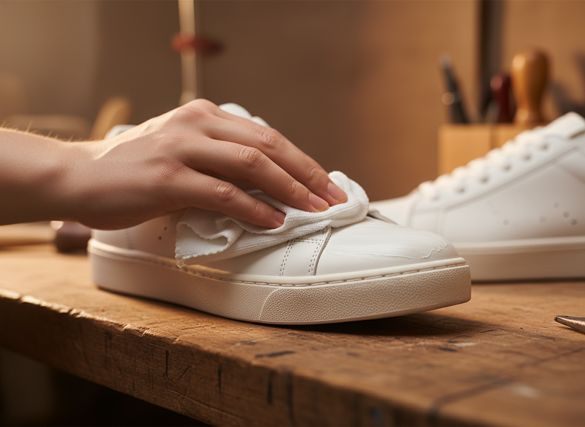 Application de crème nourrissante cuir sur l'embout d'une sneaker blanche avec un chiffon microfibre