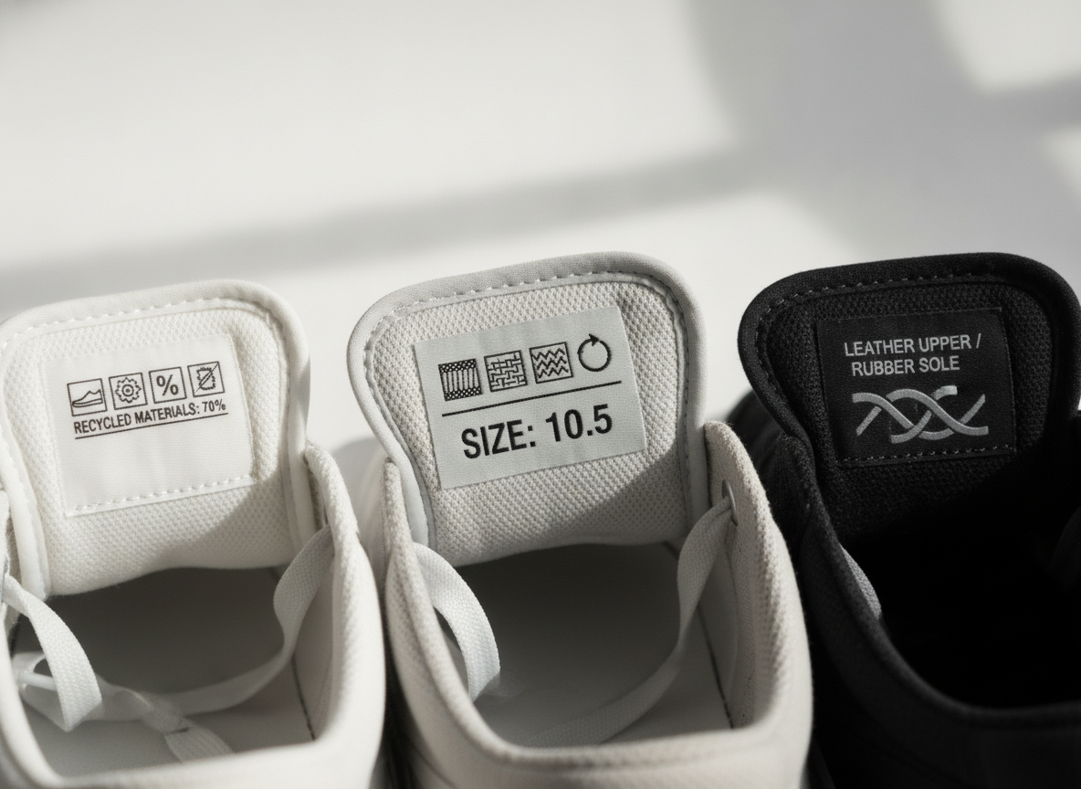 Gros plan sur les languettes de trois sneakers montrant les étiquettes de taille et de matière