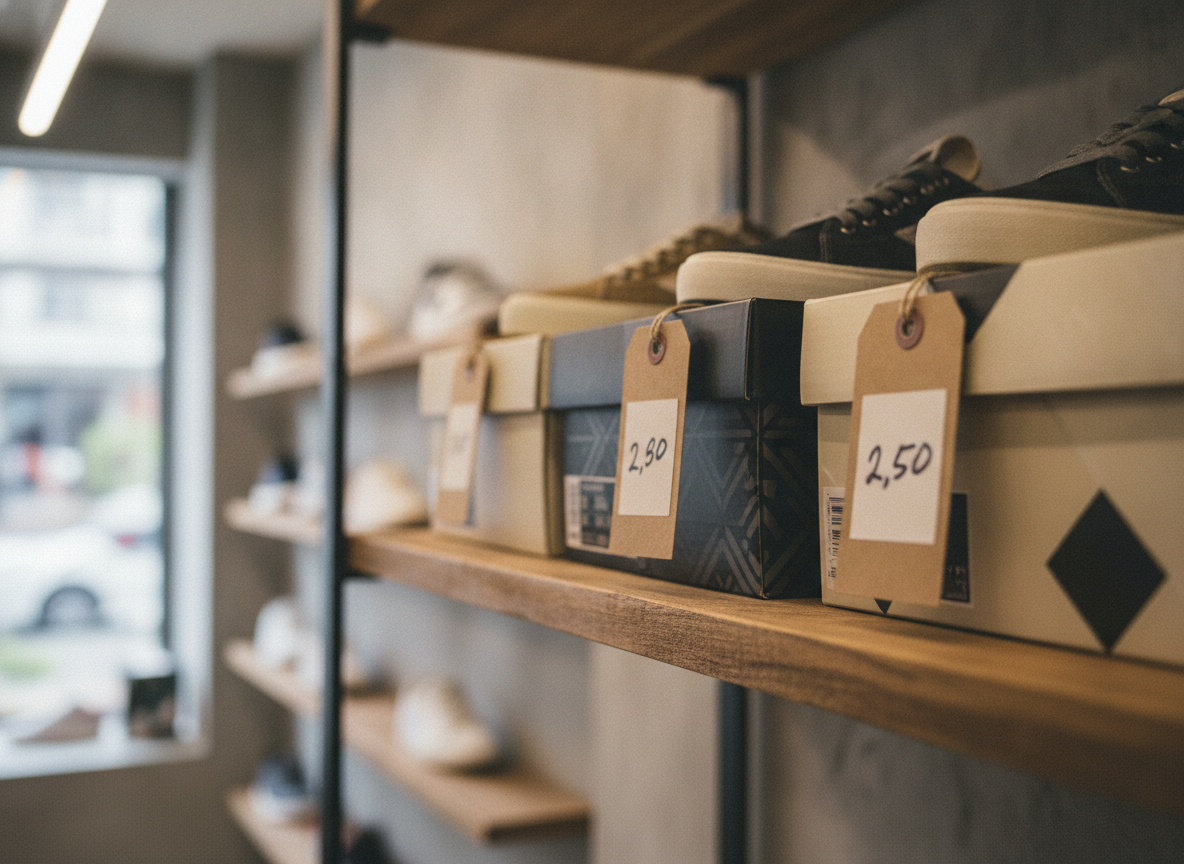 Étiquettes de prix et boîtes de sneakers empilées dans une boutique lifestyle, éclairage ambiant chaud