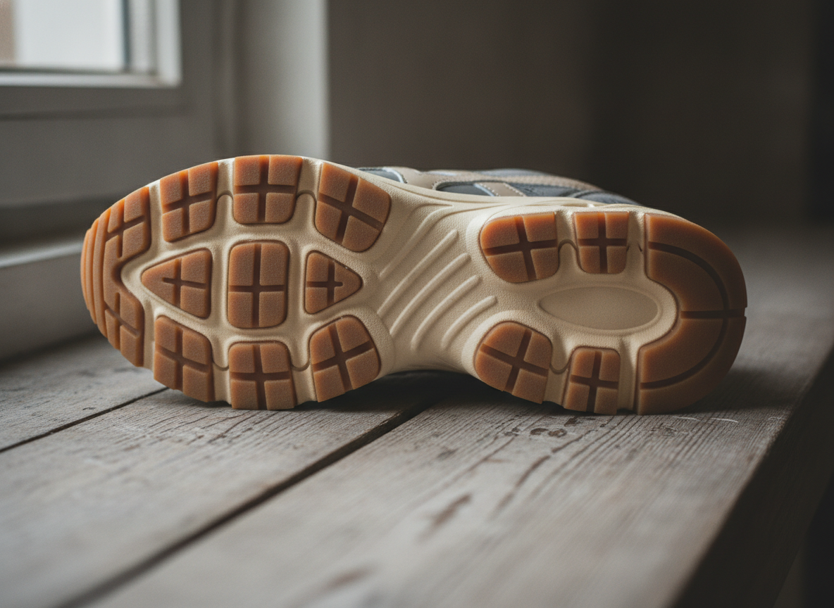 Gros plan sur la semelle épaisse d'une sneaker chunky retro running, mousse intermédiaire en couches gris et beige