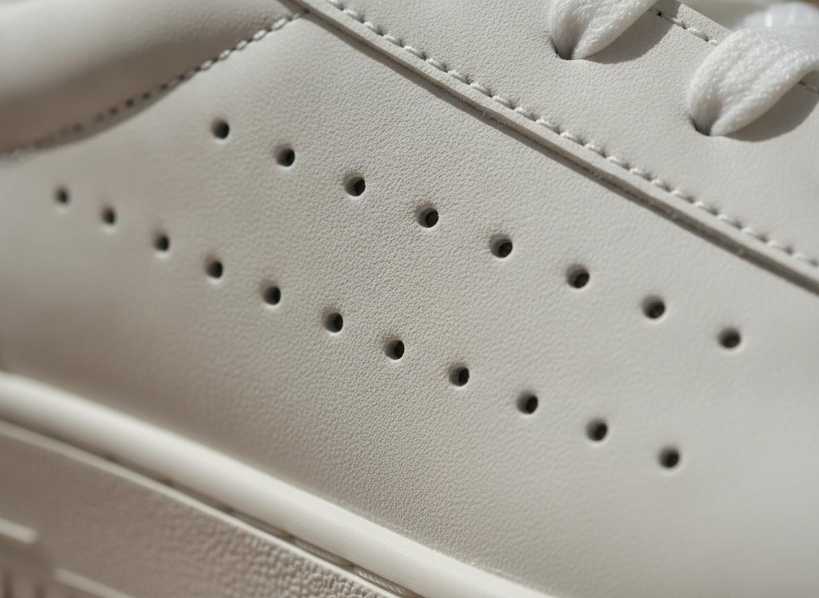 Gros plan sur les perforations latérales d'une sneaker en cuir blanc pour vérifier leur régularité