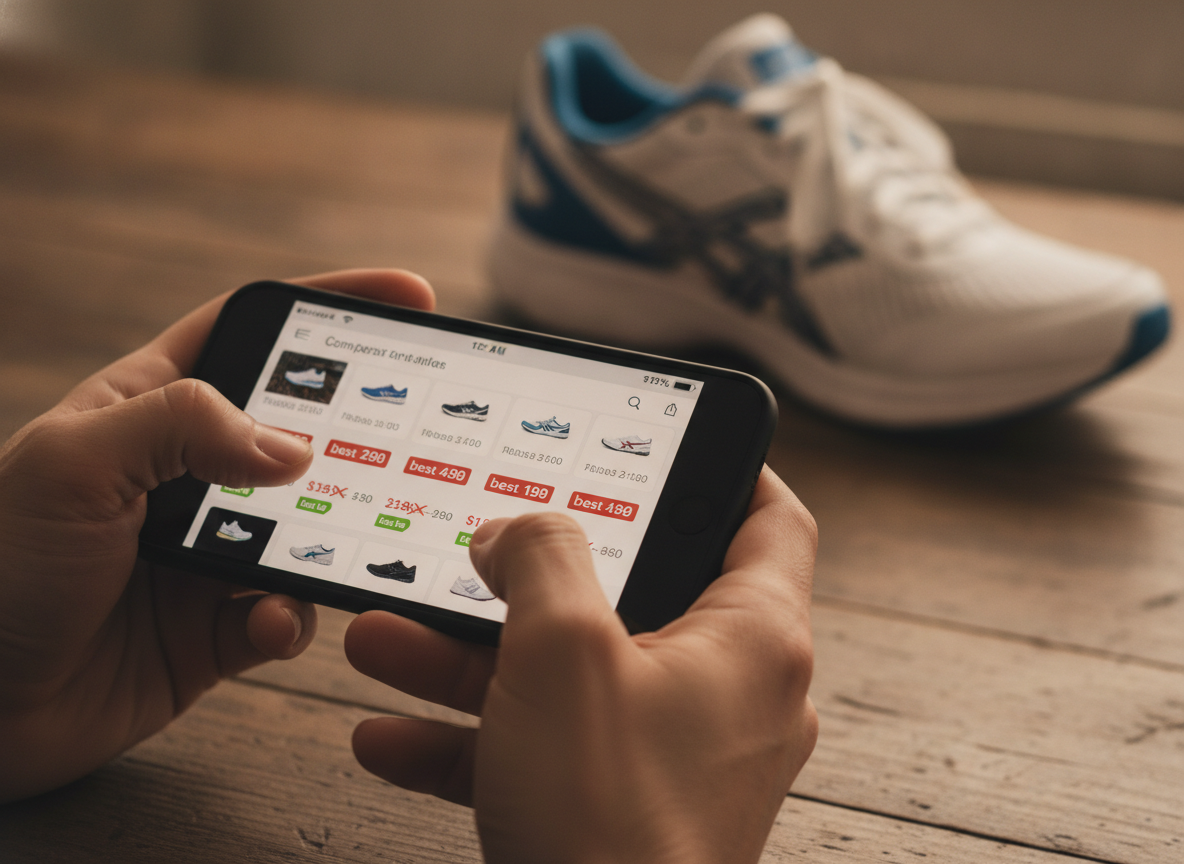 Mains tenant un smartphone avec une interface de comparaison de prix sneakers, paires floues en arrière-plan.