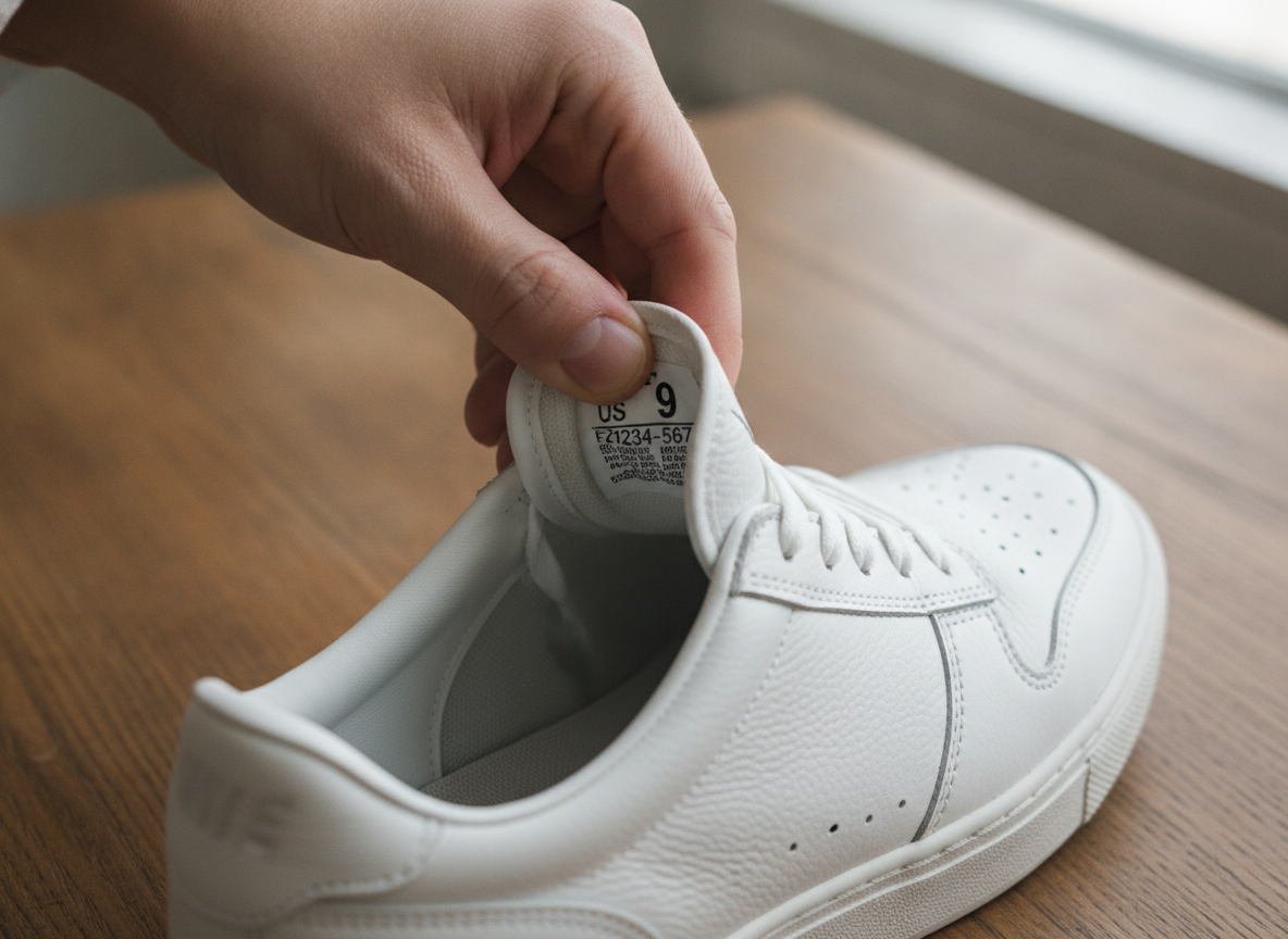 Vérification de l'étiquette intérieure d'une sneaker blanche pour contrôler l'authenticité du SKU