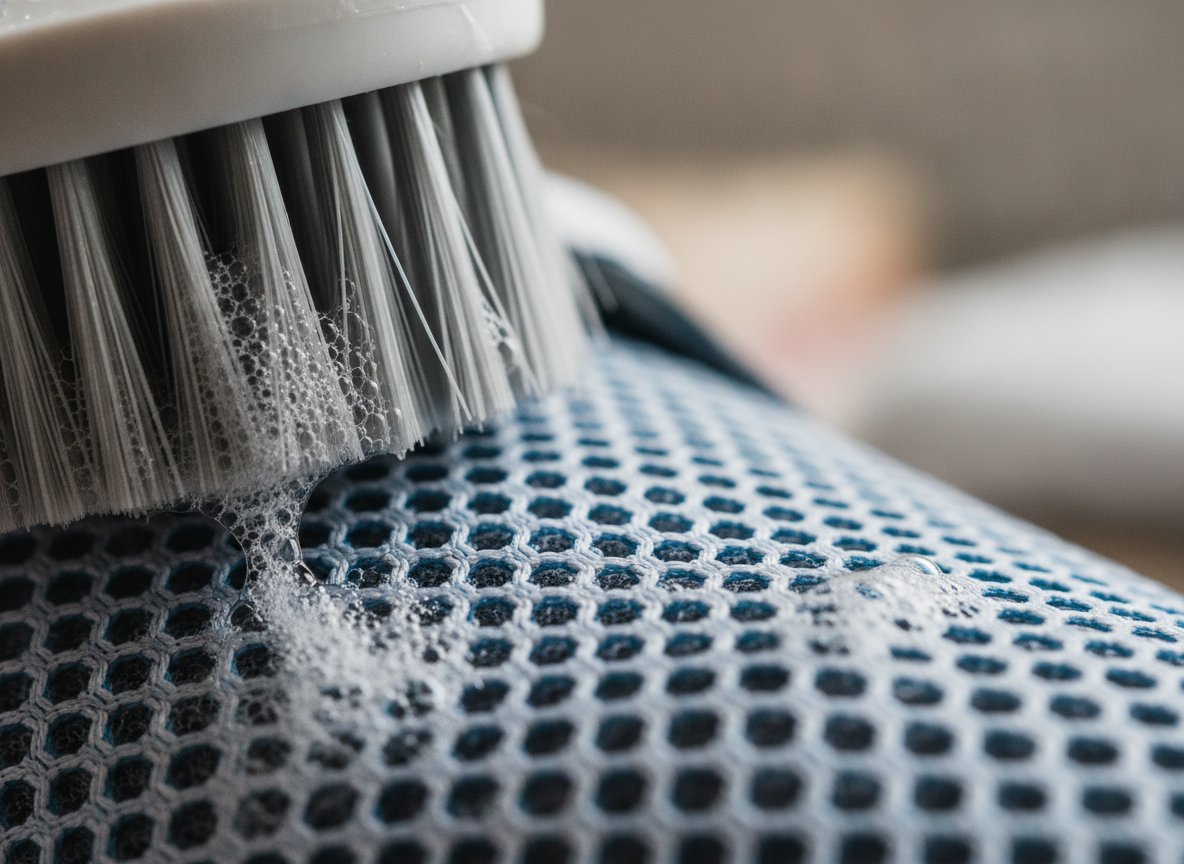 Gros plan sur le nettoyage d'un mesh de sneaker avec une brosse douce et de la mousse savonneuse