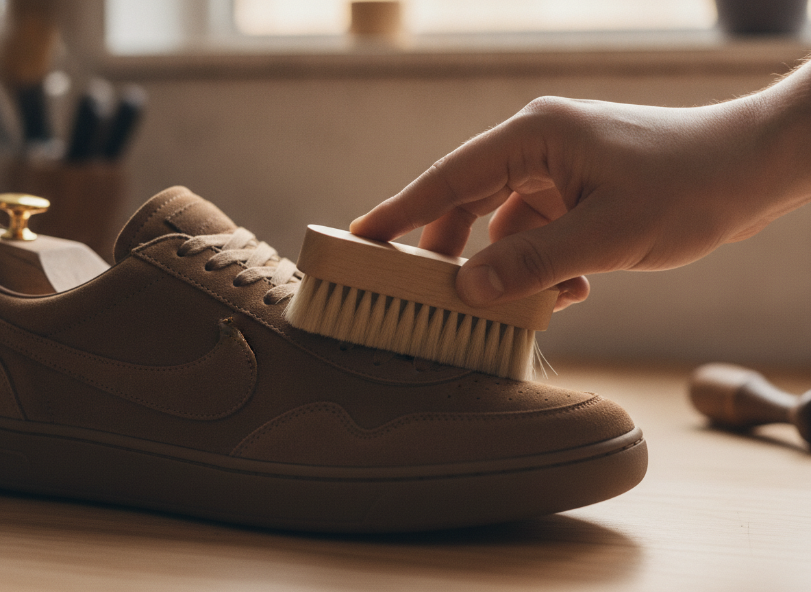 Brossage délicat d'une sneaker en daim avec une brosse spécialisée pour raviver les fibres