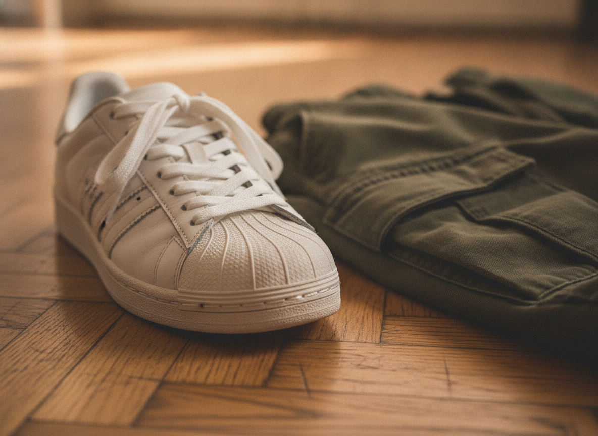 Détail de la coquille en caoutchouc et lacets plats blancs d'une sneaker lifestyle low-top en cuir