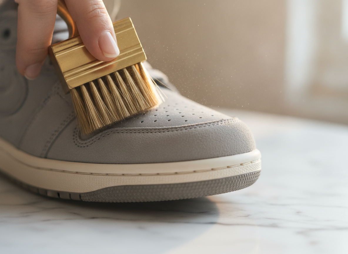 Brosse en laiton utilisée pour nettoyer une tige en daim gris sur marbre blanc