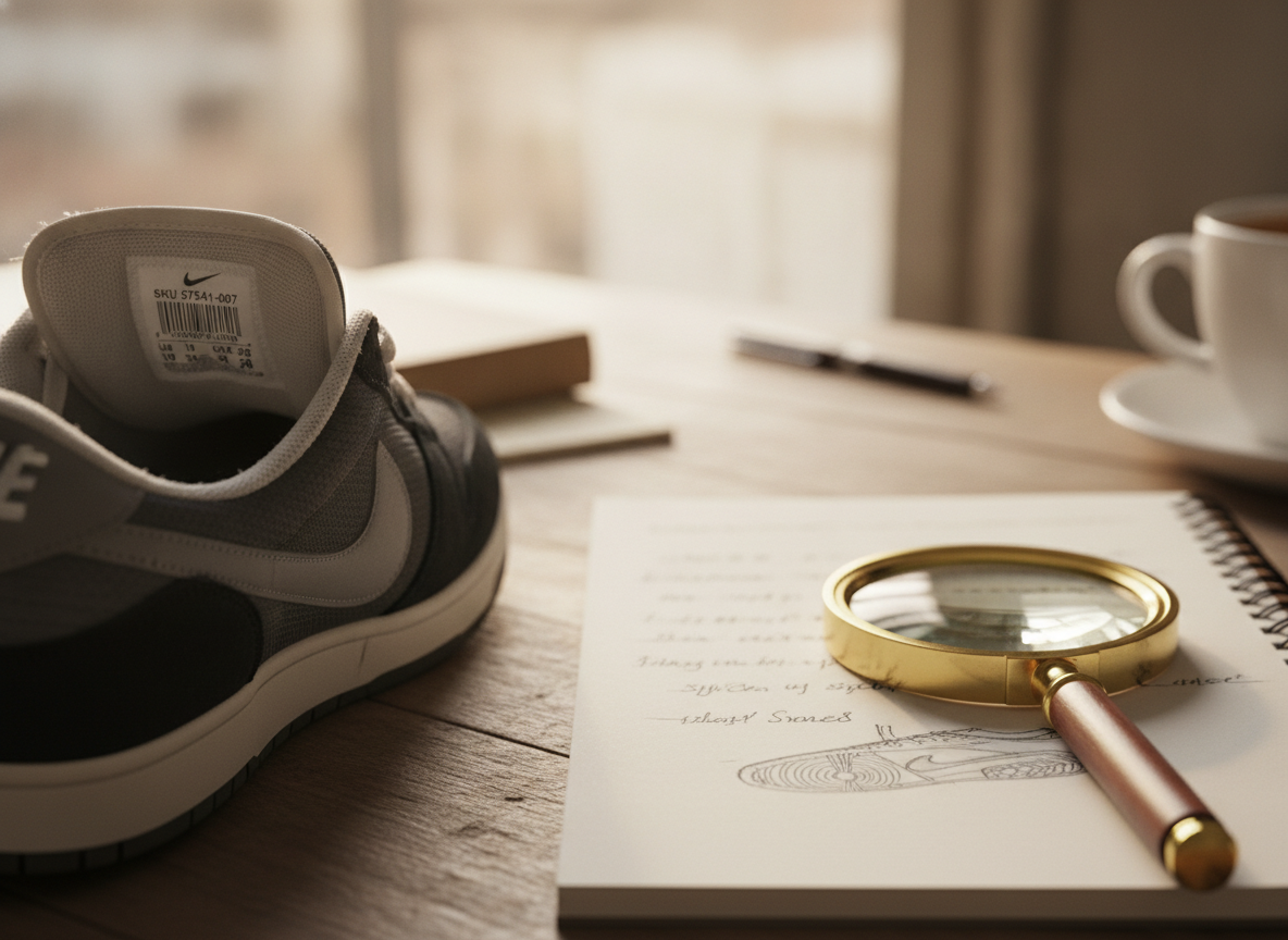 Gros plan sur l'étiquette intérieure d'une sneaker pour vérifier le SKU et l'authenticité