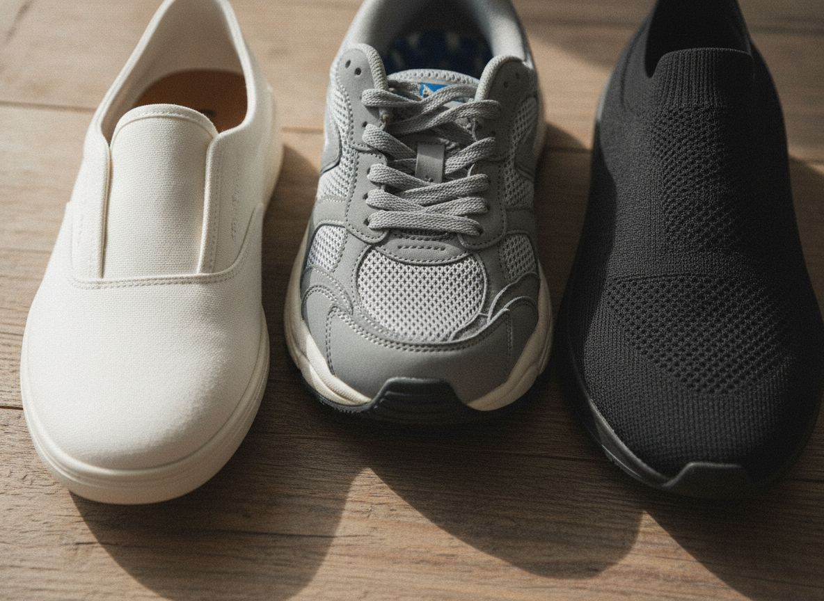 Gros plan sur l'avant-pied de trois sneakers différentes côte à côte, comparaison de la largeur et du volume