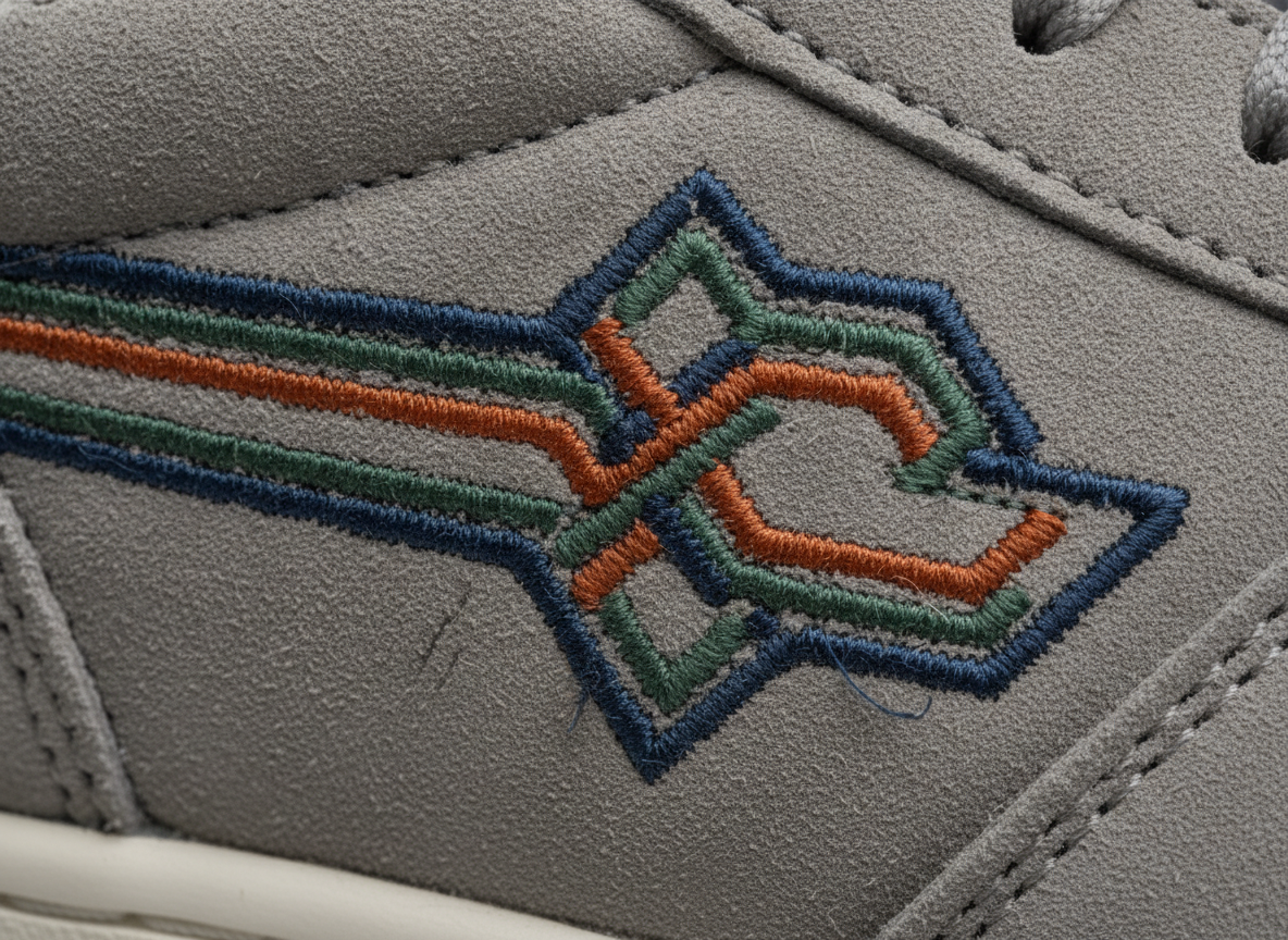 Gros plan sur la broderie latérale d'une sneaker en daim gris pour vérifier son authenticité