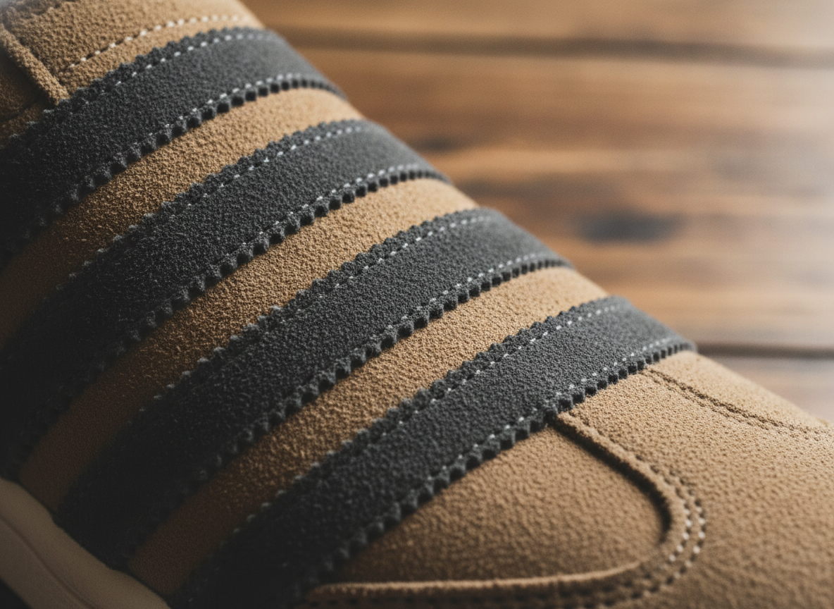 Détail tige en daim d'une sneaker lifestyle avec bandes latérales, texture suède en gros plan