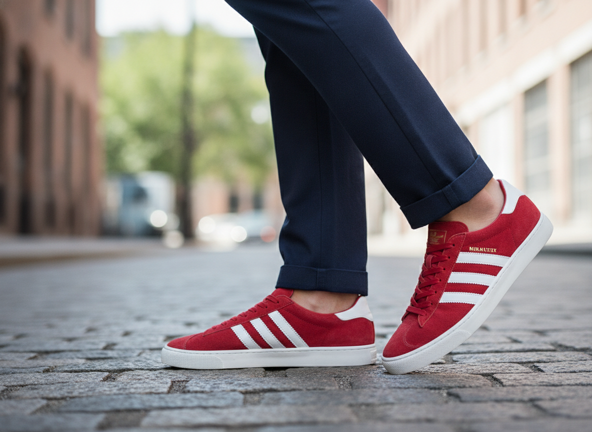 Détail look Speedcat rouge avec jean slim marine et revers, tenue urbaine masculine 2026