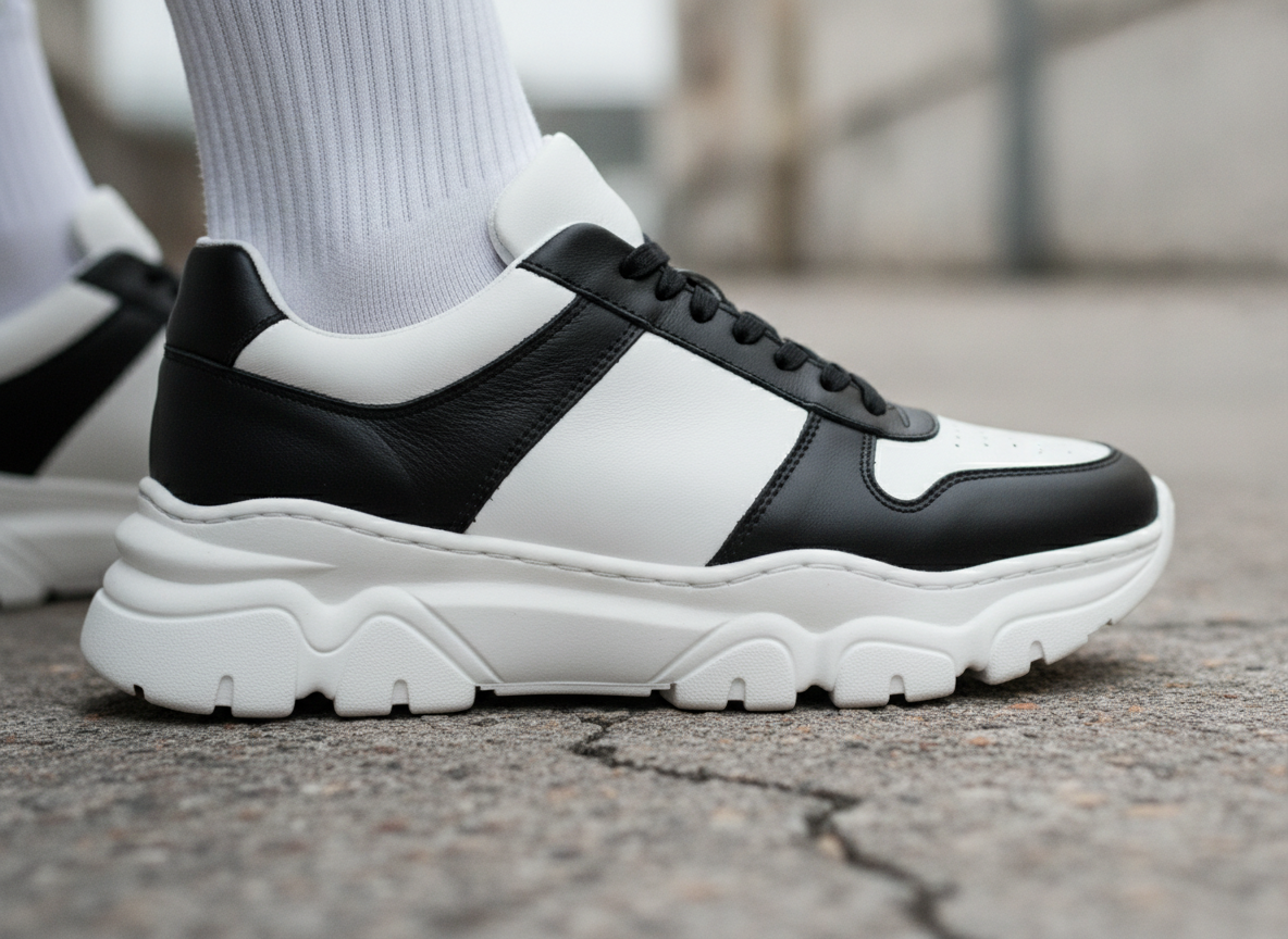 Détail de la tige en cuir d'une sneaker low-top avec chaussette blanche courte sur sol béton