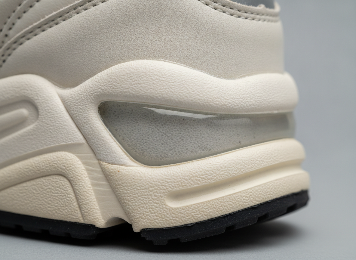 Gros plan sur la fenêtre gel translucide au talon d'une sneaker retro running chunky