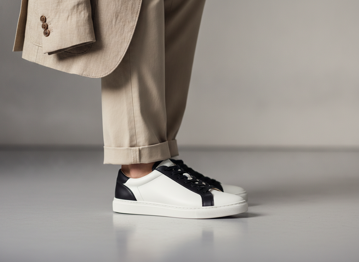 Look blazer lin sable et sneaker basse noire et blanche, détail d'une tenue sporty chic masculine