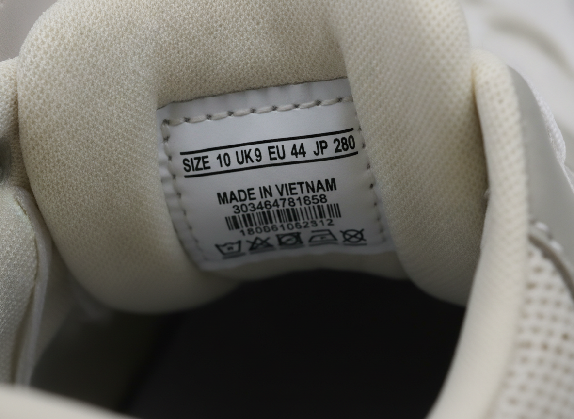 Gros plan sur l'étiquette intérieure de languette d'une sneaker, détail authentification fake