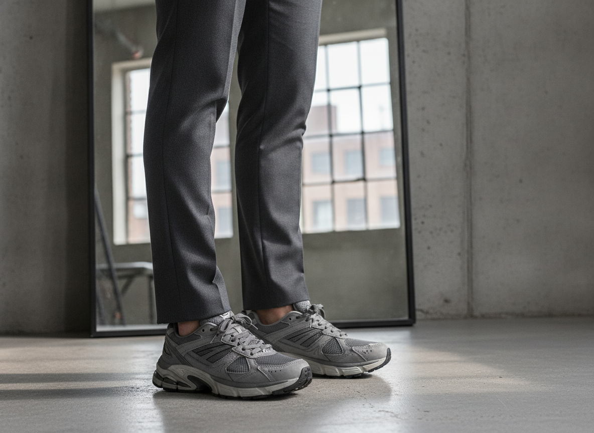 Zoom sur des sneakers chunky portées avec un pantalon slim sombre, illustration des proportions morphologie et chaussure