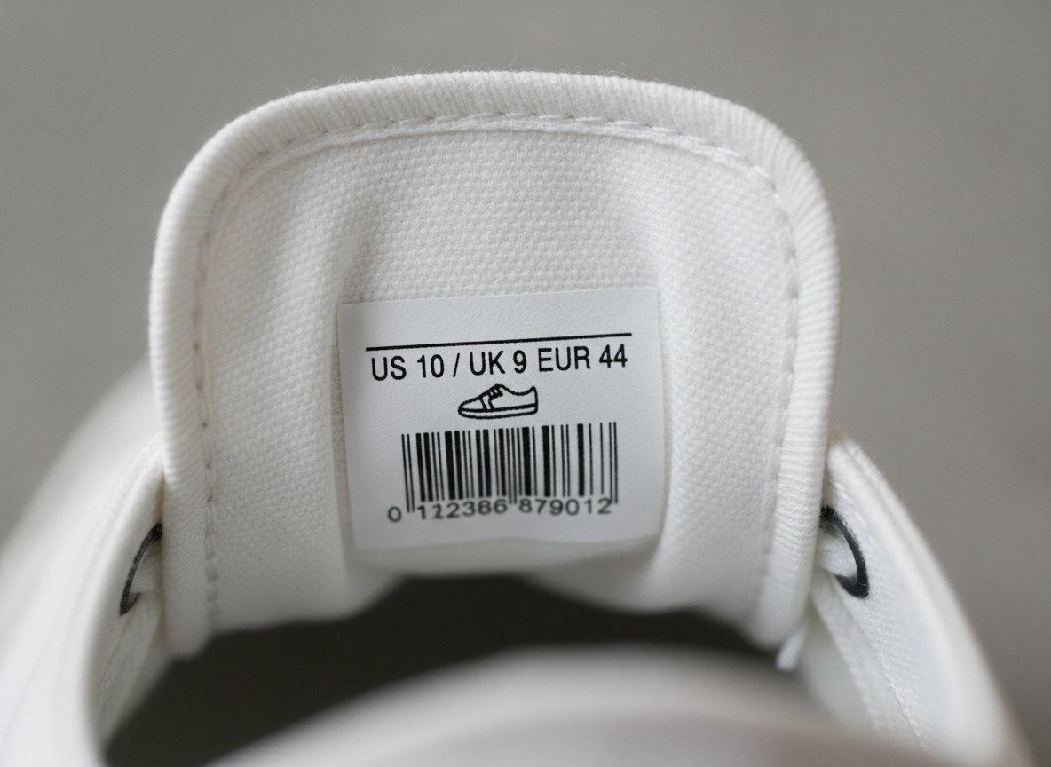 Étiquette intérieure et code SKU d'une sneaker lifestyle low-top pour vérifier l'authenticité