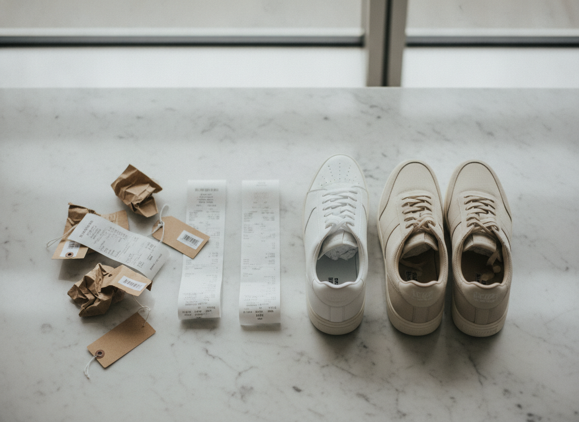 Étiquettes prix retail et reçus d'achat posés à côté de deux paires de sneakers en flat lay