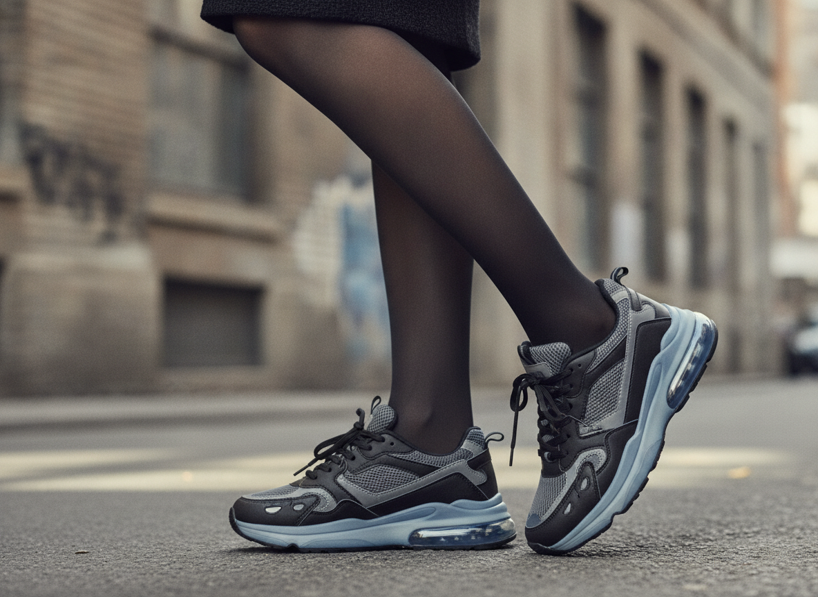 Look mini-jupe noire et collants opaques avec Nike Air Max 95, style 90s revisité en 2026