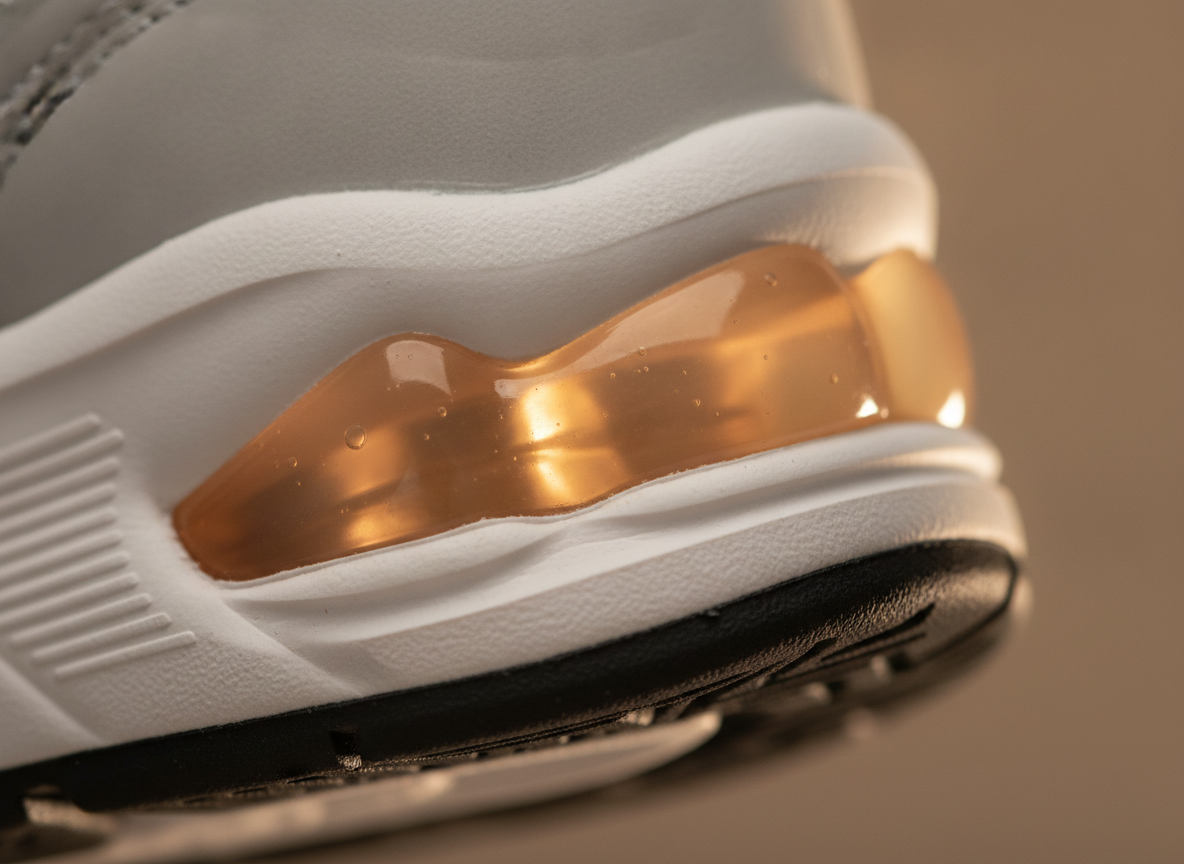 Gros plan sur la capsule GEL translucide dans le talon d'une sneaker running chunky, vue de côté en lumière douce