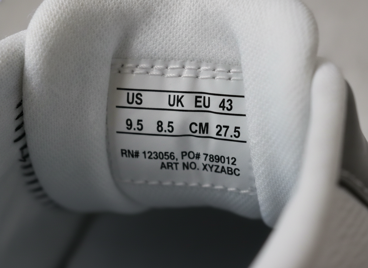 Gros plan de l'étiquette intérieure d'une sneaker montrant le SKU, la taille et les coutures de la languette