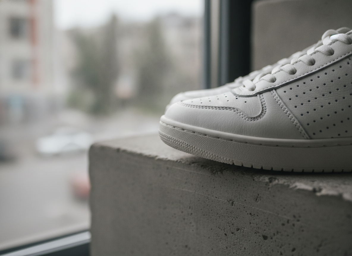 Détail de la tige en cuir blanc d'une sneaker minimaliste avec perforations sur les côtés, posée sur un escalier urbain