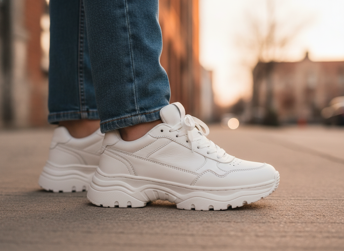 Détail Air Max 90 blanche portée avec jean slim tapered en indigo, look urbain 2026