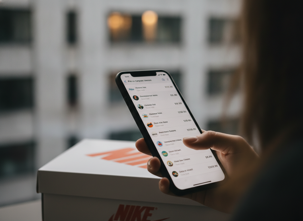 Main tenant un smartphone avec une application de comparaison de prix sneakers au premier plan