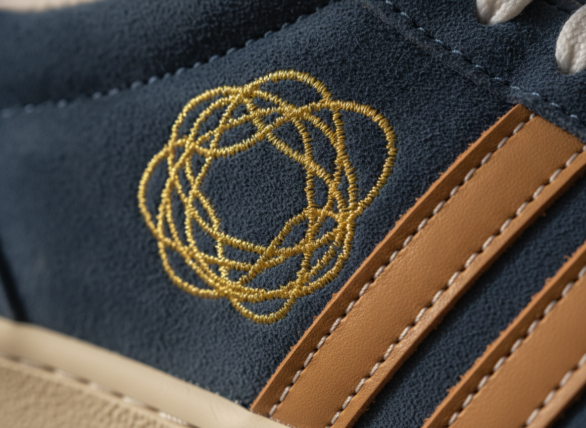Gros plan sur la broderie et les bandes latérales d'une sneaker en daim vert pour vérification authenticité