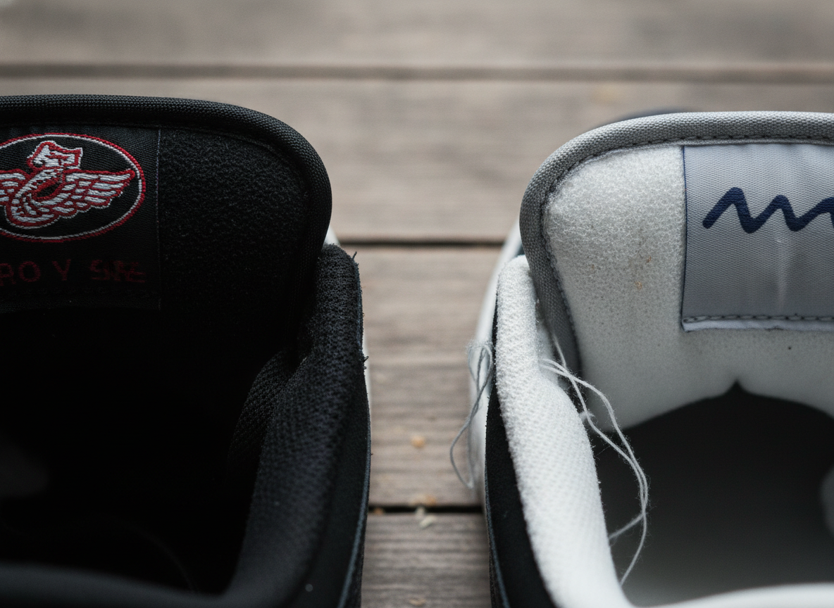 Détail de la languette rembourrée d'une SB Dunk Low : authentique vs contrefaçon