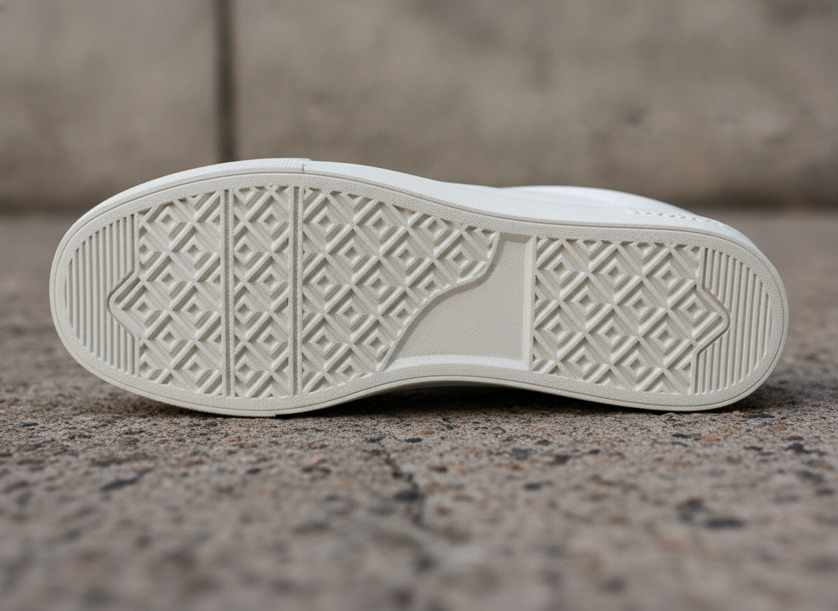 Gros plan sur la semelle intercalaire blanche et la semelle extérieure d'une sneaker low-top