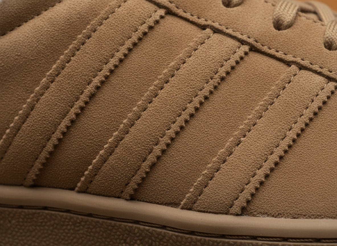 Gros plan sur la texture daim d'une sneaker lifestyle avec détail de bandes latérales cousues