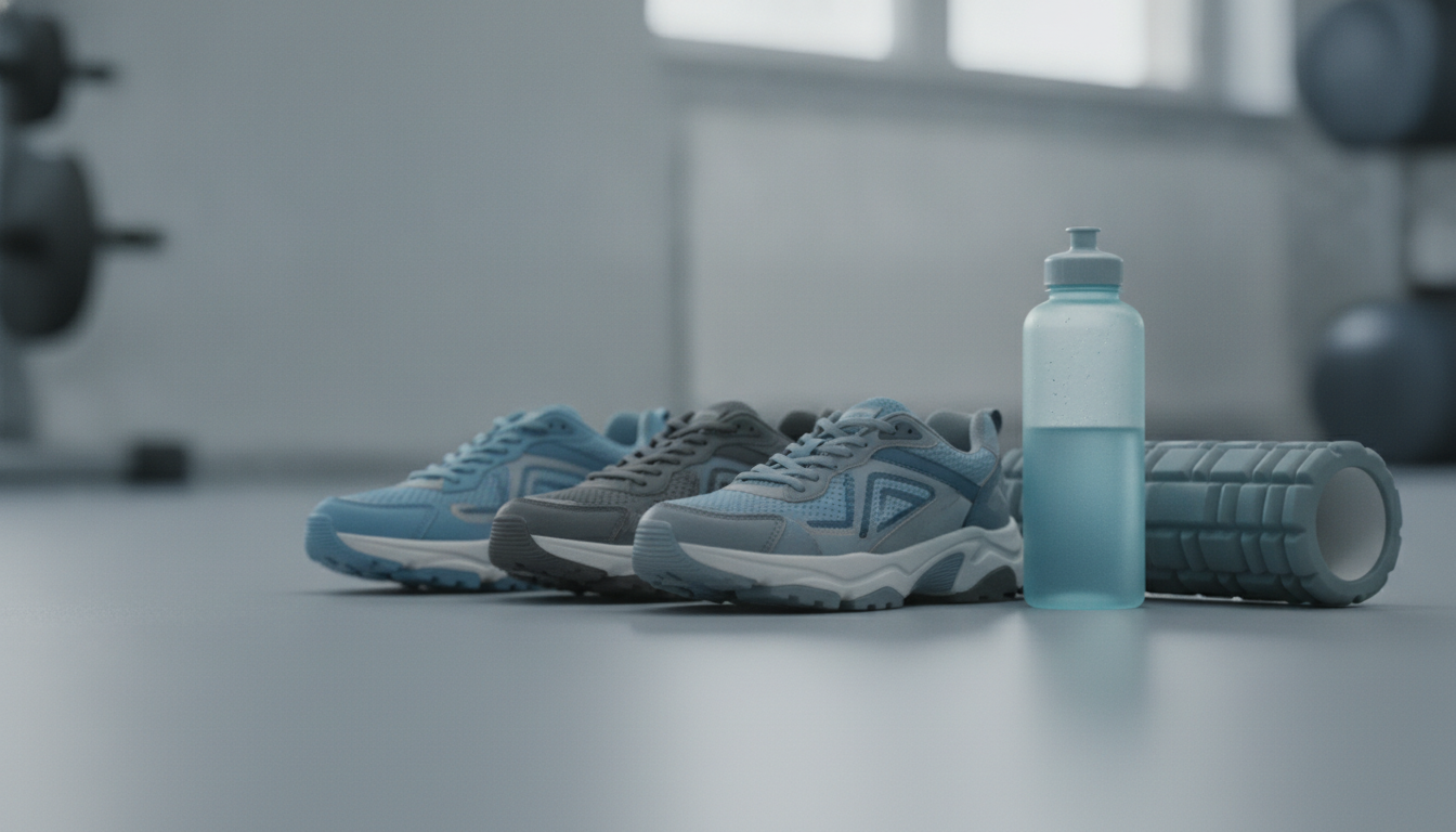 Sneakers de récupération posées sur un sol de gym après l'effort, à côté d'un rouleau de massage
