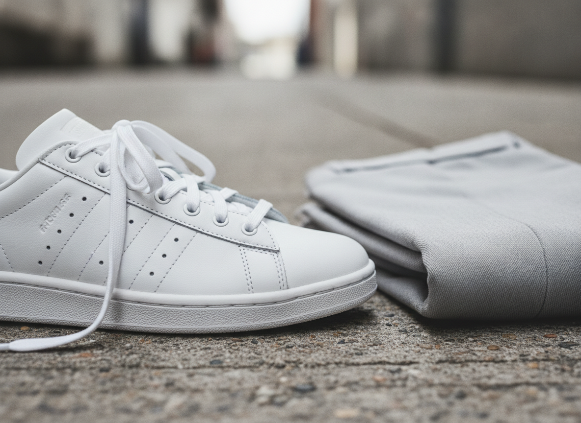 Détail de la tige en cuir blanc d'une Stan Smith avec lacets plats et pantalon slim gris