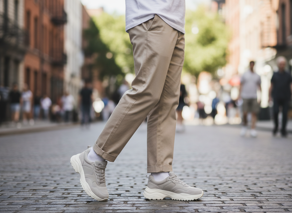 Look minimaliste avec sneaker dad shoe grise, chino beige droit et t-shirt blanc en contexte urbain