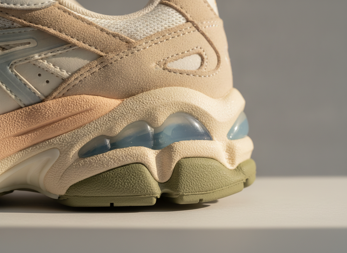 Détail de l'unité GEL en talon et de la semelle multicouche d'une sneaker retro running technique vue de profil