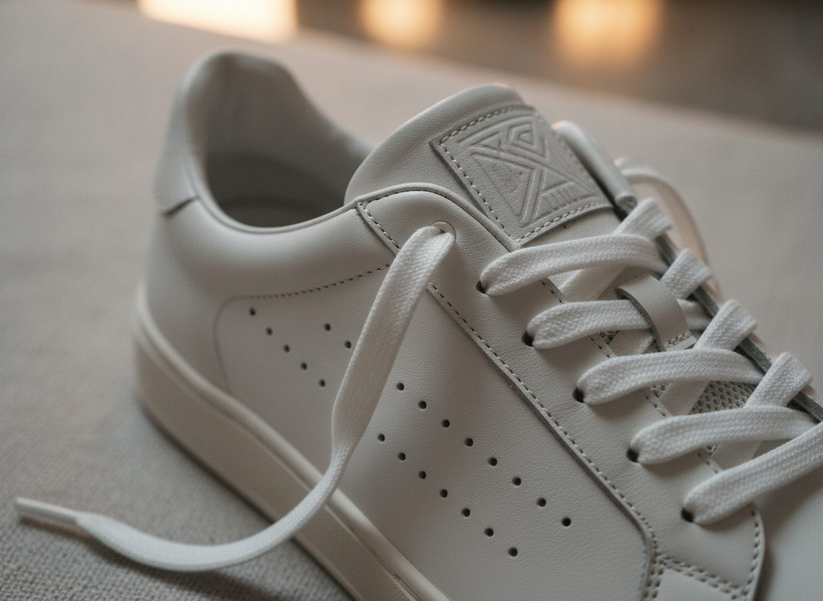 Détail des perforations et de la languette d'une sneaker en cuir blanc — point d'authentification