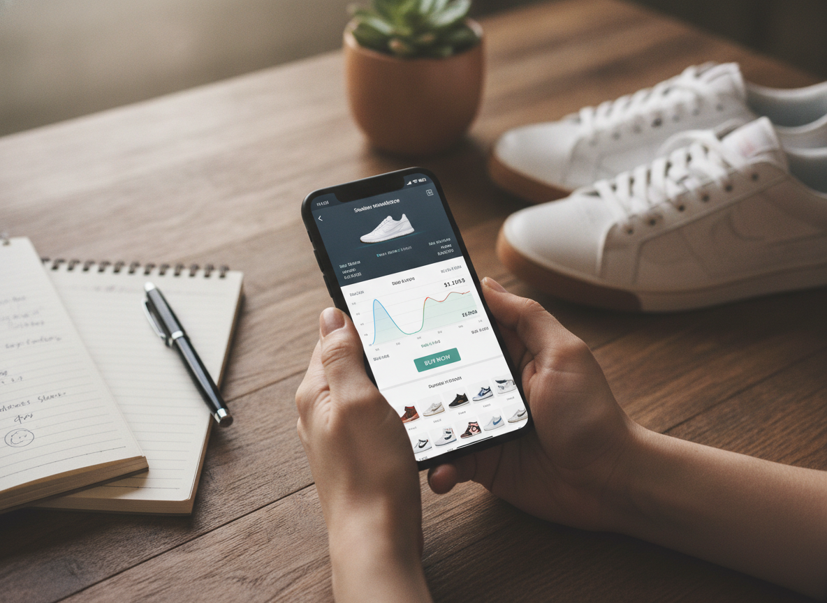 Consultation d'une plateforme de revente sneakers sur smartphone pour comparer les prix du marché secondaire