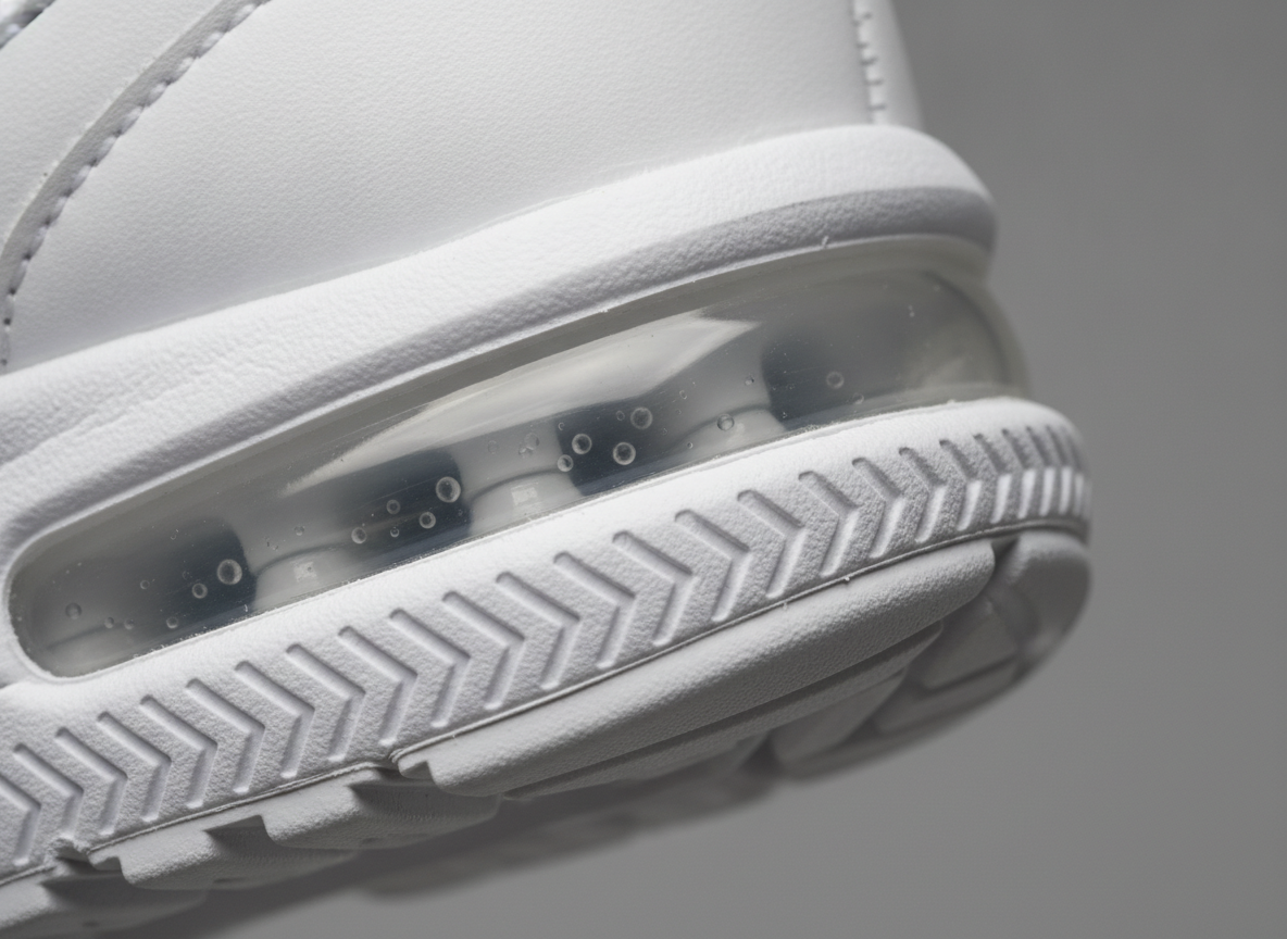 Gros plan sur le hublot Air talon d'une sneaker blanche, détail semelle extérieure en caoutchouc avec rainures chevron