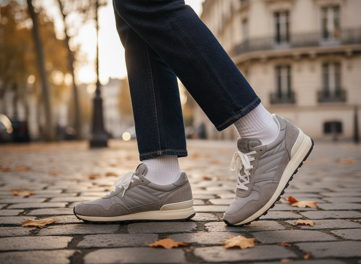 Détail de sneakers retro running grises portées avec un jean droit raccourci sur un trottoir parisien