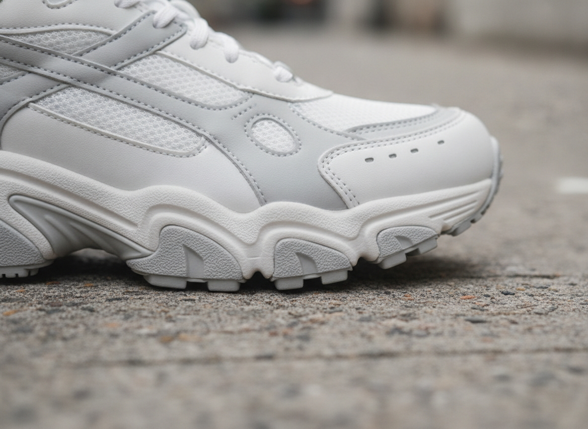 Détail semelle épaisse chunky d'une sneaker retro running grise sur trottoir urbain, midsole texturée