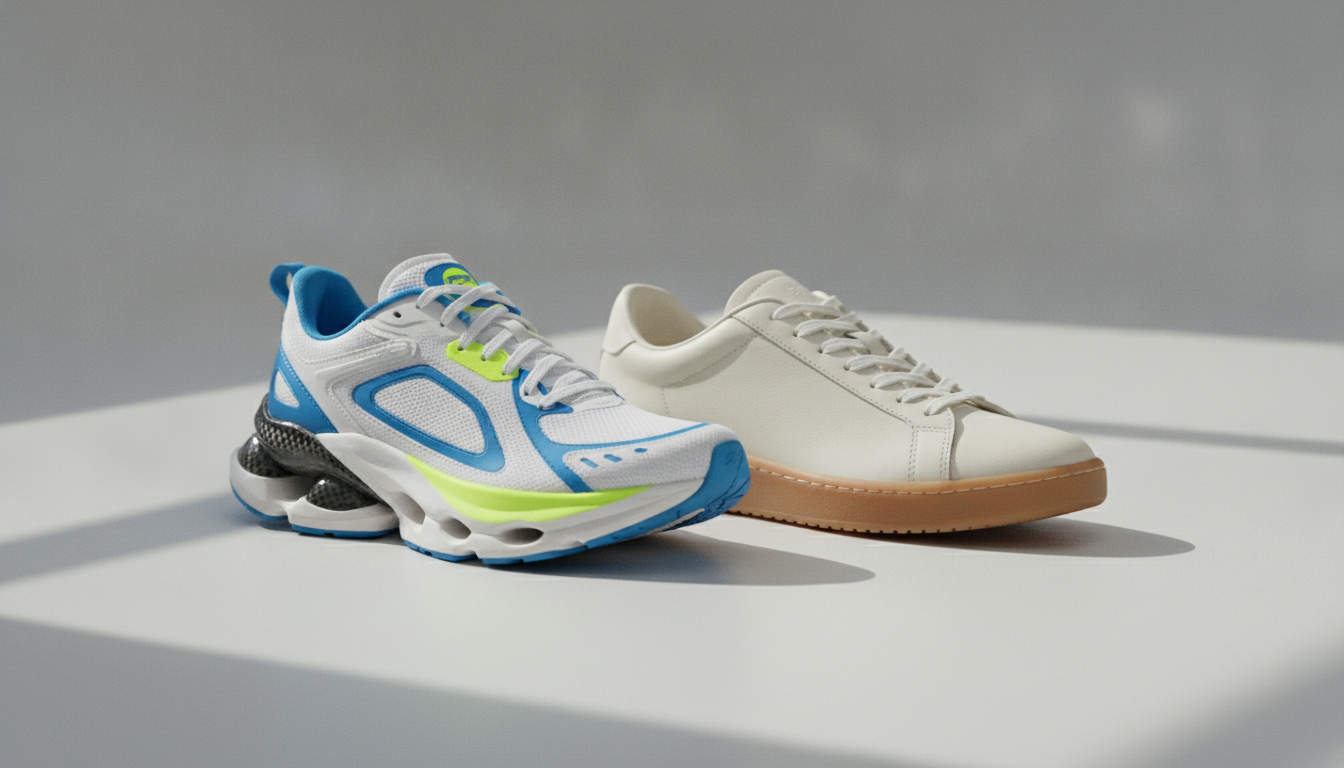 Comparatif sneaker running technique et sneaker lifestyle posées côte à côte en studio
