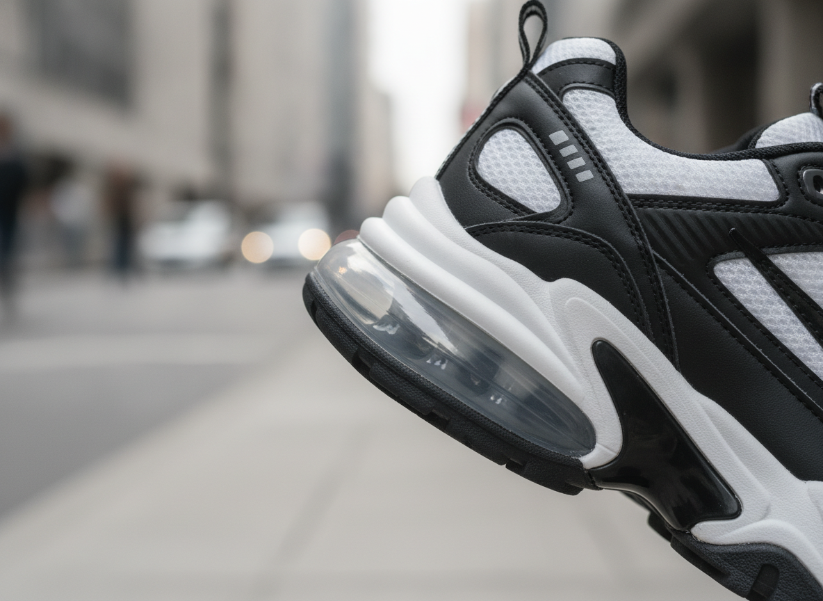 Détail de la bulle Air visible sur le talon d'une sneaker chunky blanche, éclairage naturel