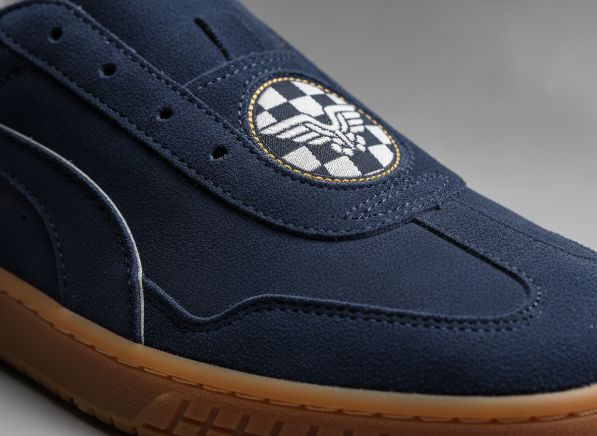 Détail daim et broderie languette de la Puma Speedcat OG, gros plan studio
