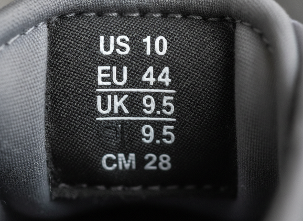 Étiquette de taille sur la languette d'une sneaker New Balance montrant les correspondances US EU UK