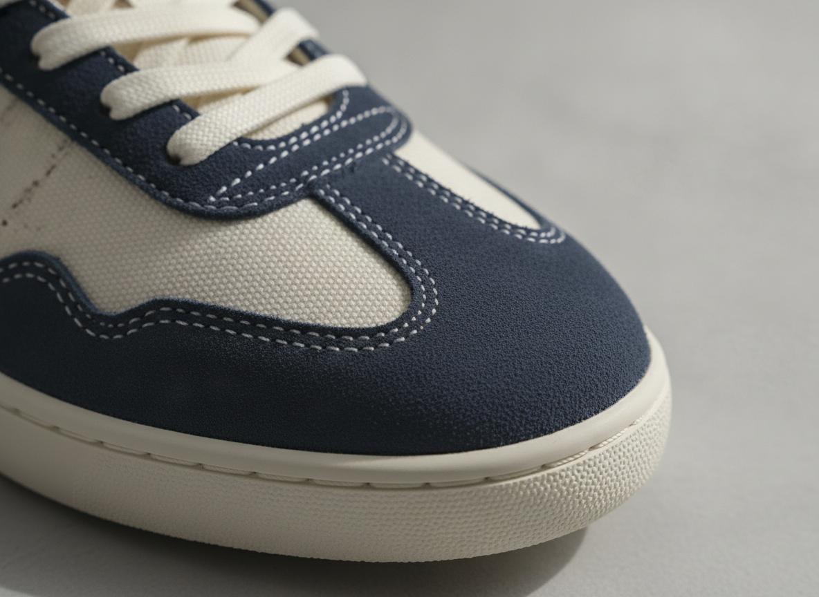 Gros plan sur le T-toe en daim d'une sneaker lifestyle basse, détail de texture et coutures