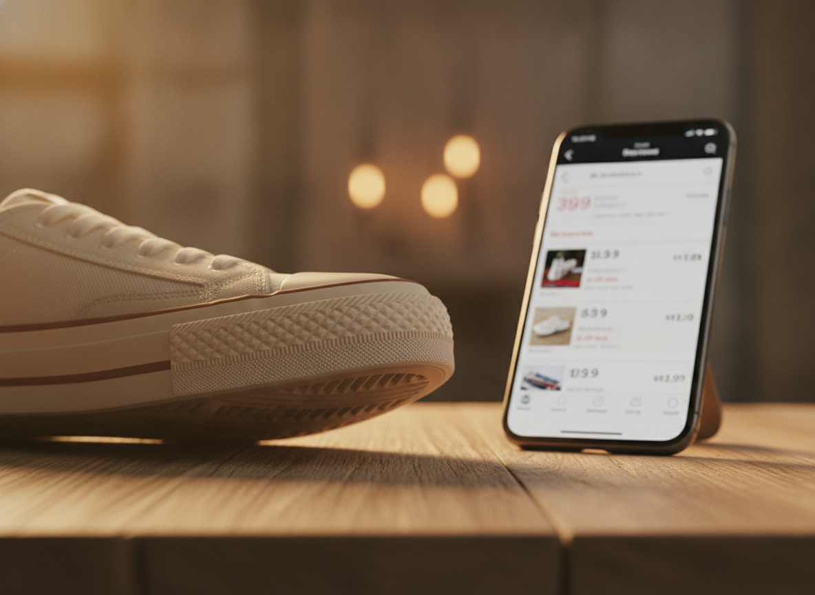Détail semelle et bout de sneaker low top avec comparateur de prix sur smartphone, marché secondaire 2026