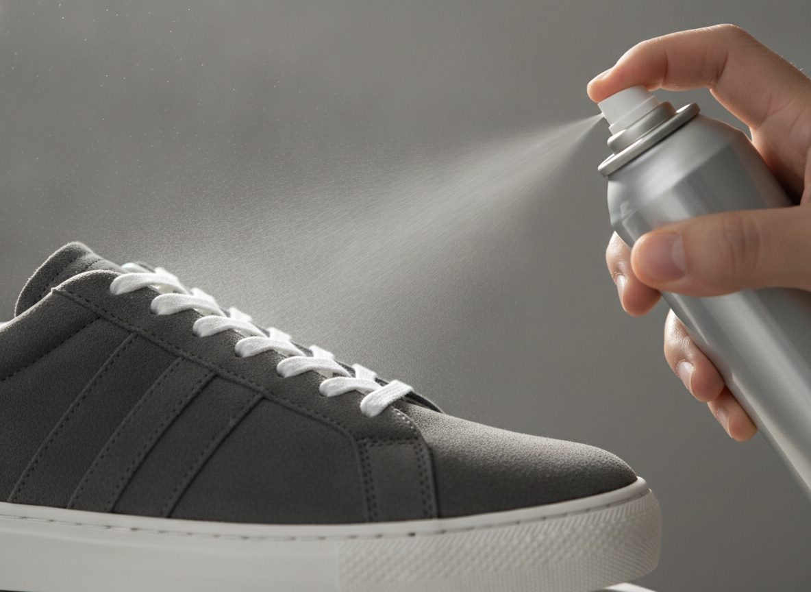 Application d'un spray imperméabilisant sur l'empeigne en daim d'une sneaker, détail en gros plan